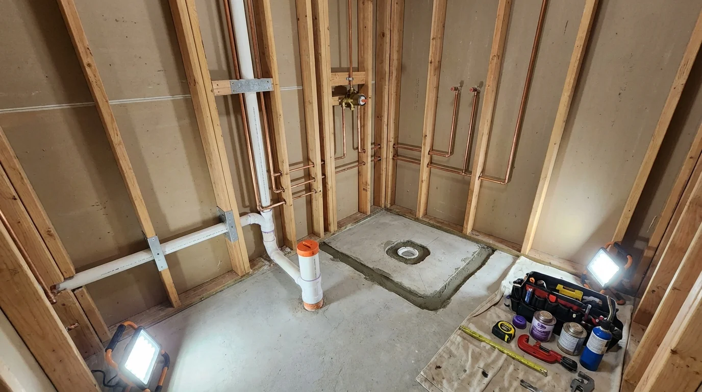 Bathroom rough-in plumbing during remodel by Johns Plumbing LLC in Statesville