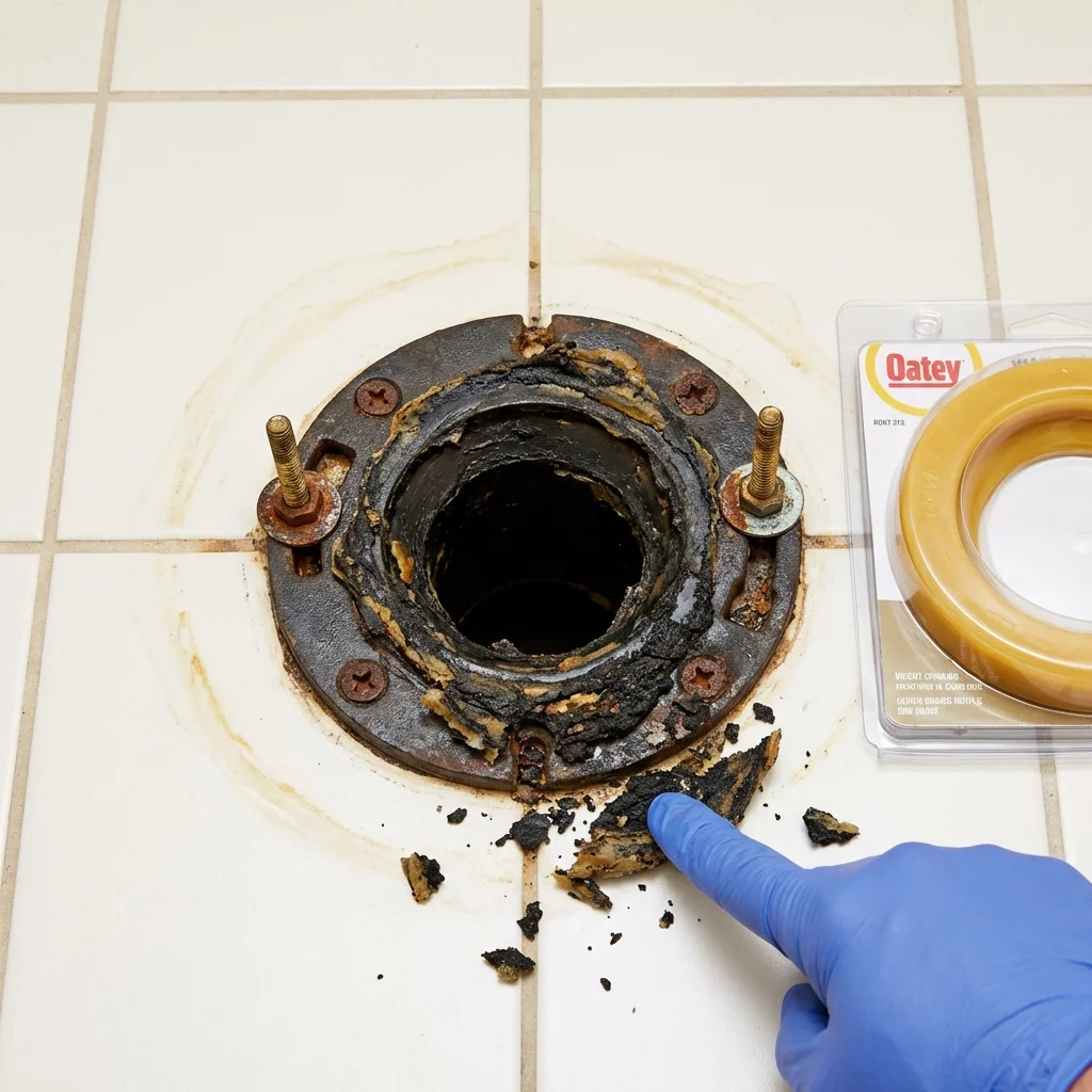 Failed wax ring showing water seepage at the base of a toilet in a Statesville, NC home