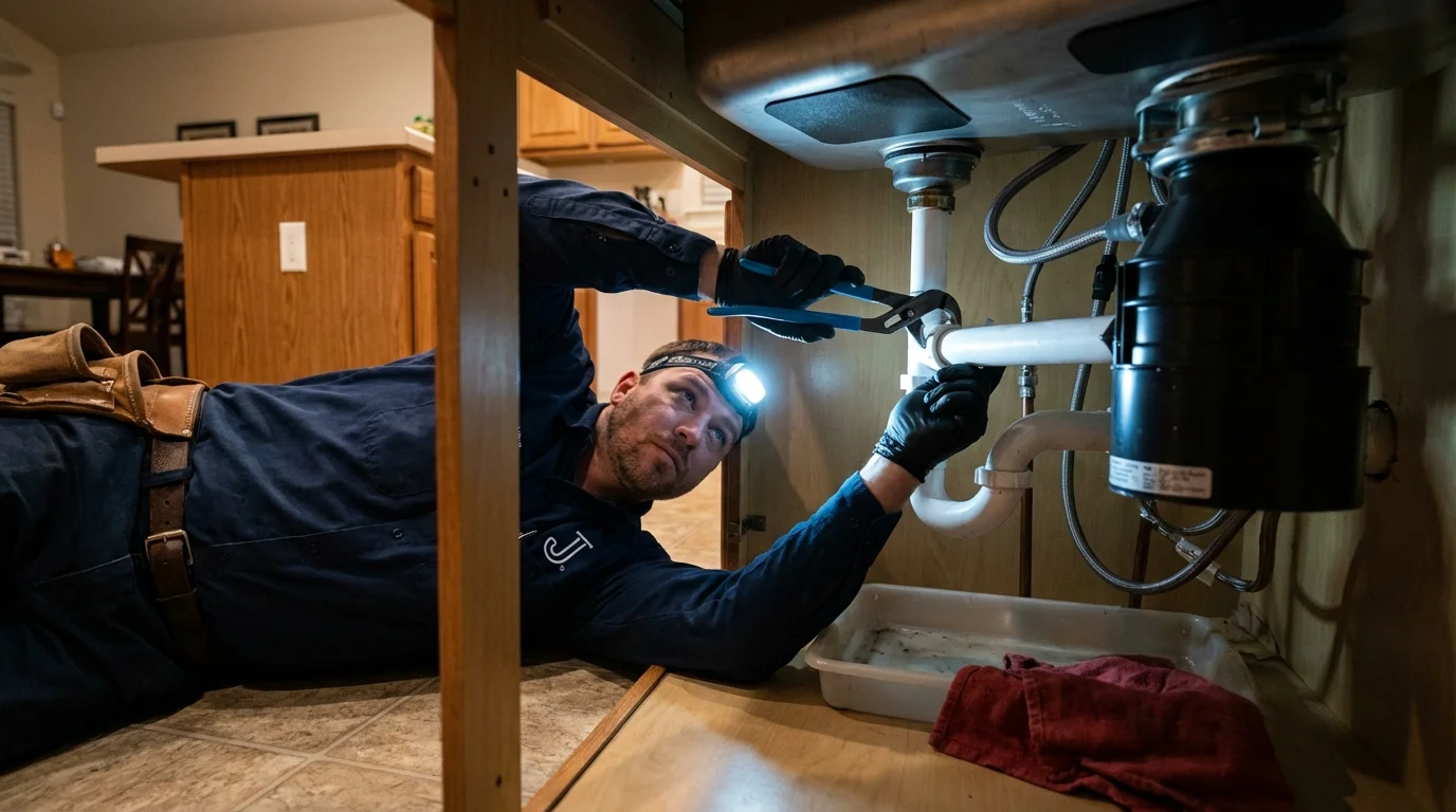 P-trap and supply line connections under a kitchen sink showing a common leak point in Statesville, NC